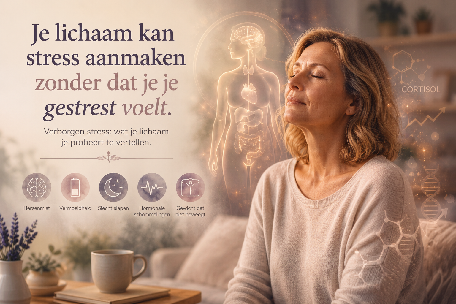 Calm woman with imagery suggesting cortisol and body signals