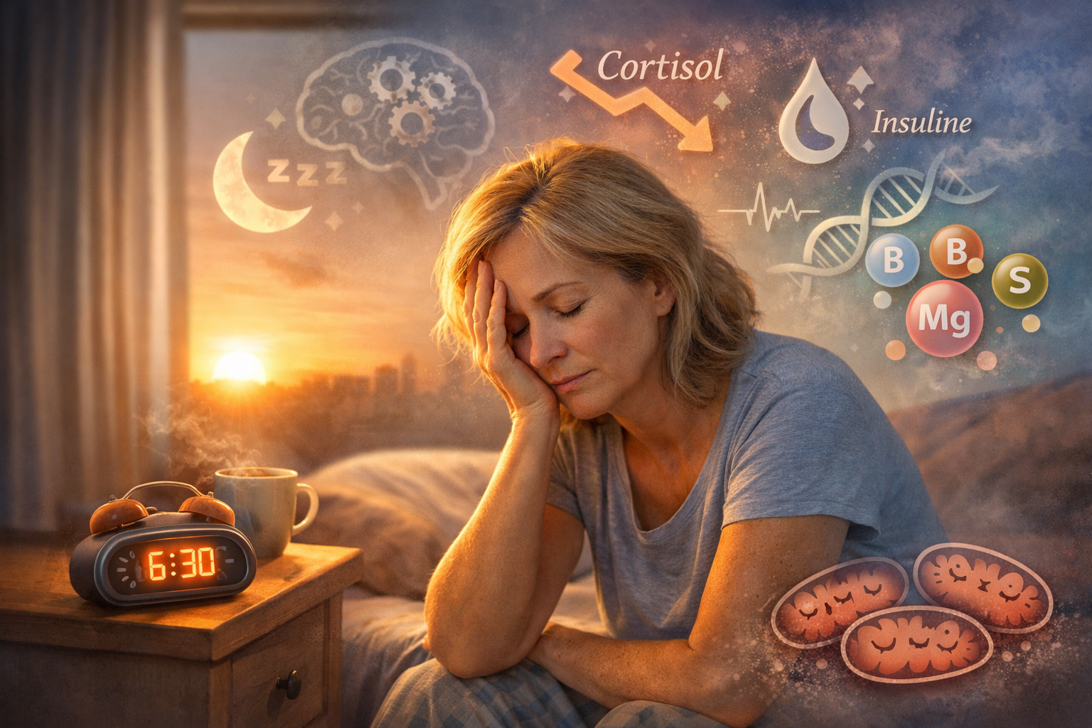 Vrouw die uitgeput wakker wordt in de ochtend